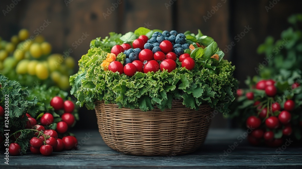 Fresh berries, vegetables, rustic basket, farm setting, healthy food Fresh berries, vegetables, rustic basket, farm setting, healthy food