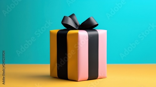 A gift box with a black ribbon and stripes of pink, yellow, and black sits on a yellow and blue background. photo