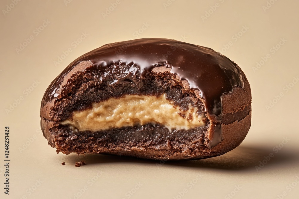 Delicious chocolate covered dessert with a creamy filling is cut Delicious chocolate covered dessert with a creamy filling is cut