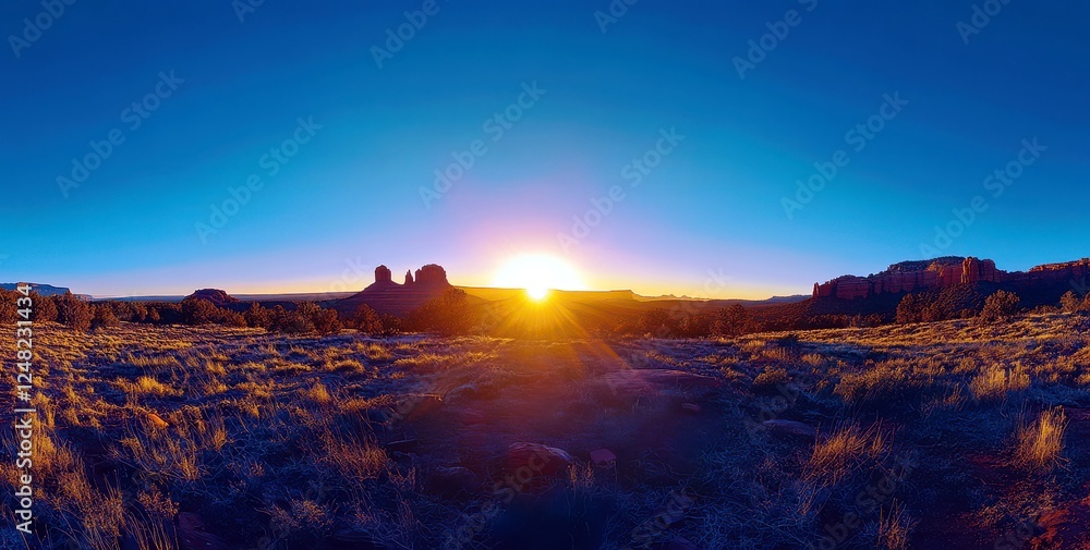 Fototapeta premium Majestic Sunset Over Rugged Landscape with Vibrant Colors and Dramatic Horizon in a Desert Setting