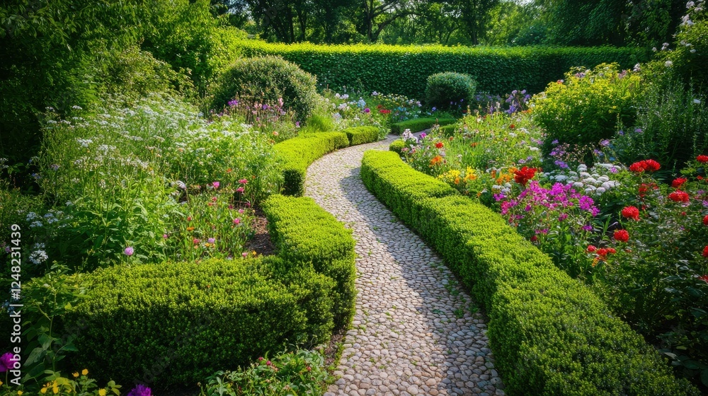 Lush Garden Path with Colorful Flowers and Green Shrubs in Nature