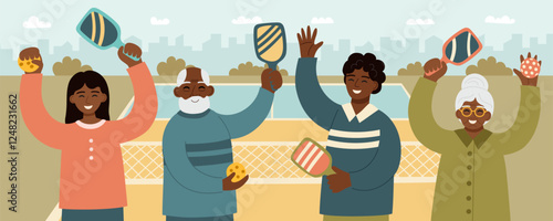 Pickleball game concept backgro. Active people with paddles and balls. Concept of sport, active lifestyle, retirement activities, wellbeing and outdoor recreation. Vector flat banner.