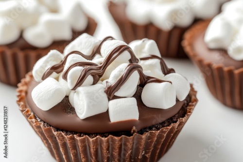 Chocolate cupcakes topped with marshmallows and chocolate drizzle look delicious photo