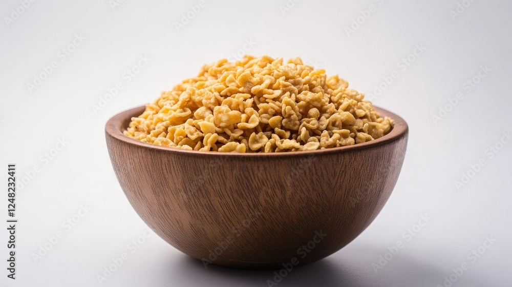 Crunchy Snack in Wooden Bowl Against White Background Crunchy Snack in Wooden Bowl Against White Background