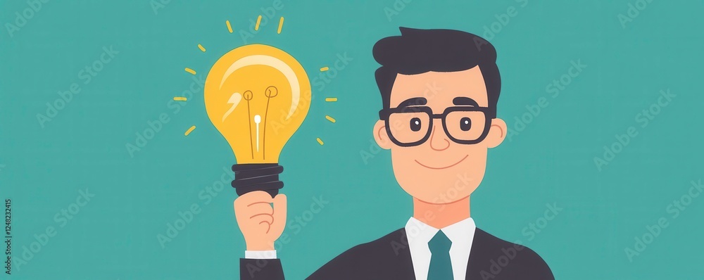A cheerful man in a suit holds a glowing light bulb, symbolizing creativity, ideas, and innovation against a teal background. A cheerful man in a suit holds a glowing light bulb, symbolizing creativity, ideas, and innovation against a teal background.
