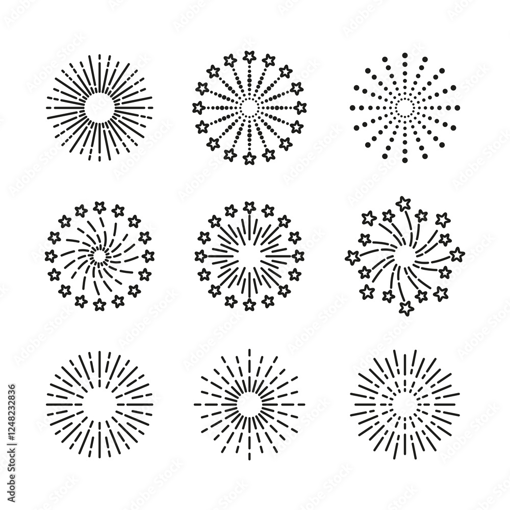 Set of line sparkle explosion burst stars and sparks. Outline firework symbols. Birthday party isolated elements. Happy new year shiny icon on white background. Vector illustration. Set of line sparkle explosion burst stars and sparks. Outline firework symbols. Birthday party isolated elements. Happy new year shiny icon on white background. Vector illustration.