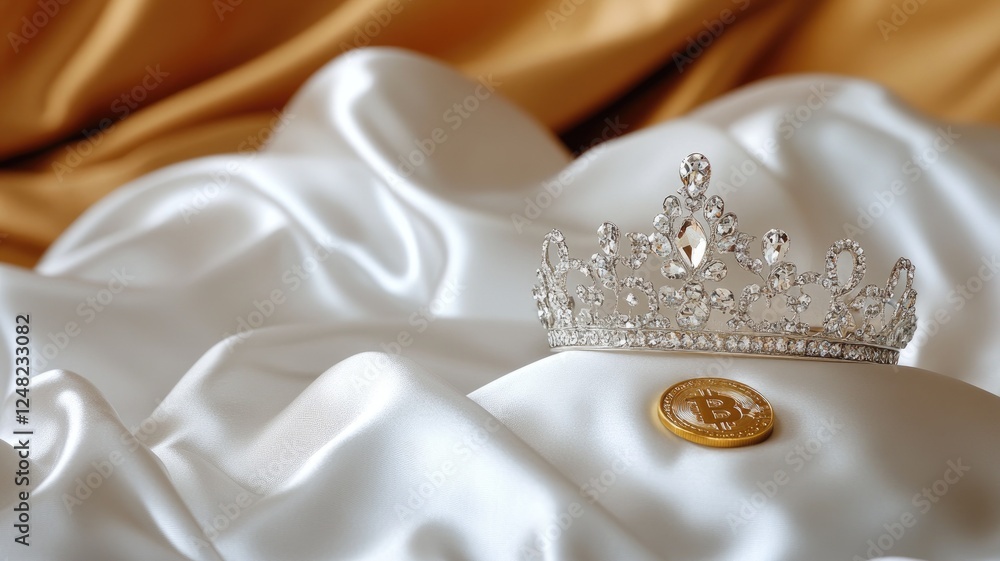 Decorative crown and Bitcoin coin on silk fabric Decorative crown and Bitcoin coin on silk fabric