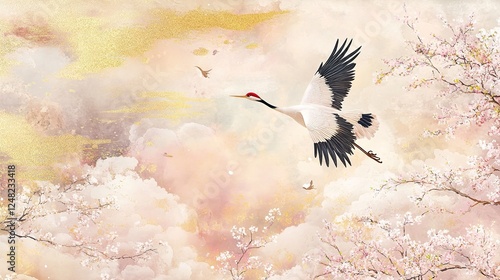 Elegant Crane Flying Above Cherry Blossom Trees in a Dreamy Pastel Sky with Soft Cloud Shapes and Gentle Hues of Pink and Yellow at Sunrise photo