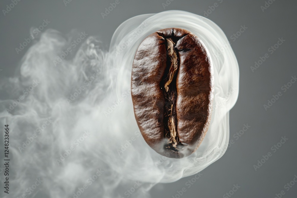 Naklejka premium A single coffee bean is surrounded by swirling white smoke