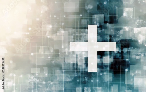 Abstract technology background with geometric shapes, bright light, plus sign, and soft color palette for healthcare, innovation, or digital themes