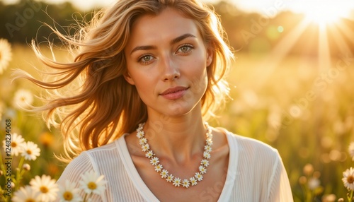 Woman wearing daisy necklace in golden meadow photo