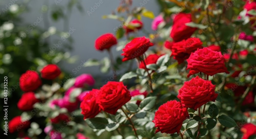 Vibrant red roses blooming in a lush garden setting Vibrant red roses blooming in a lush garden setting
