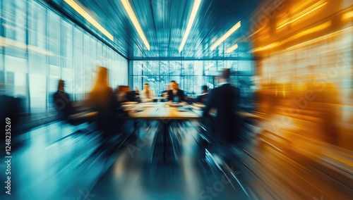 Dynamic business meeting in a modern office with blurred motion effect, showcasing corporate employees working at tables. Ideal for website banners, social media posts, and advertising campaigns.