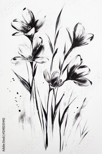 A monochromatic artistic rendering of wildflowers with bold black ink strokes on white paper.