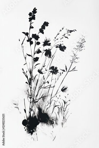 A monochromatic artistic rendering of wildflowers with bold black ink strokes on white paper.