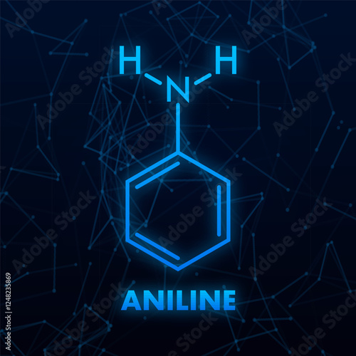 Aniline molecule glowing on dark blue background with connecting dots photo