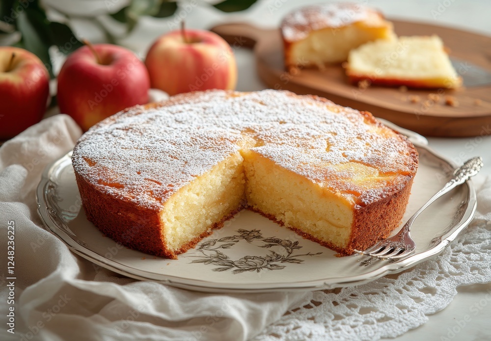 Freshly Baked Classic Apple Cake with Powdered Sugar Dusting Surrounded by Red Apples on Elegant Plate and Rustic Background Freshly Baked Classic Apple Cake with Powdered Sugar Dusting Surrounded by Red Apples on Elegant Plate and Rustic Background