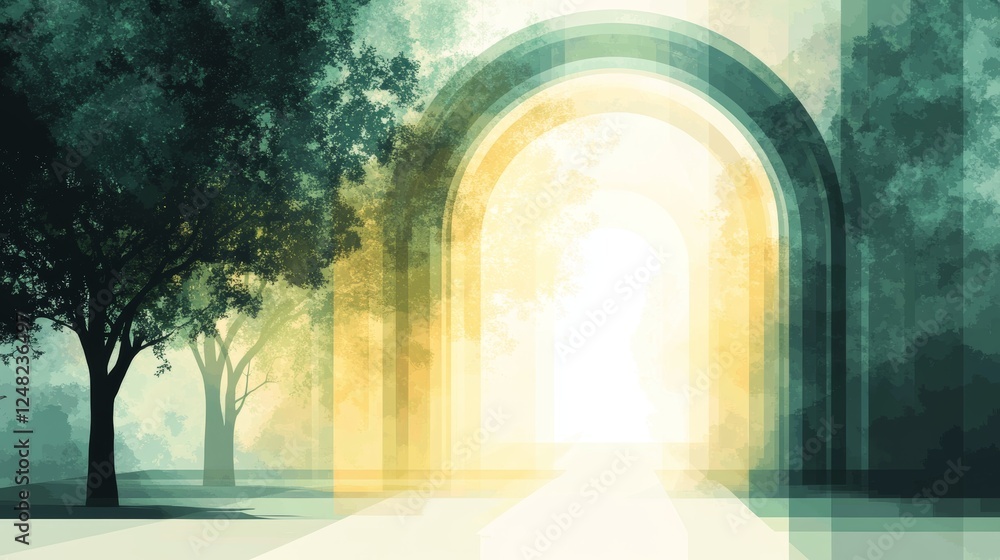 Fototapeta premium Abstract scene of arched pathway bathed in light framed by trees against a backdrop of muted greens yellows and diffused ambience