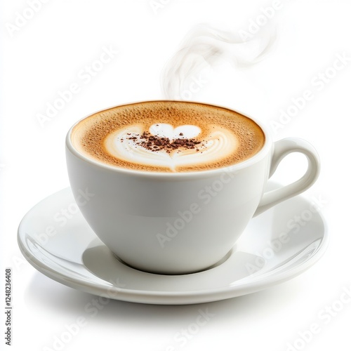 A hot cup of cappuccino with creamy white foam and brown coffee beans, in isolated white background  photo