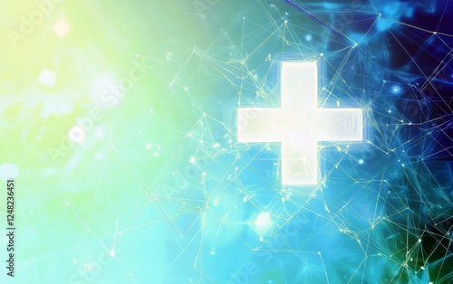 Abstract Digital Illustration with Glowing Medical Cross Symbol on Colorful Background Representing Health and Wellness Concept in Modern Design