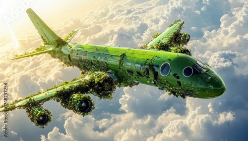 Wallpaper Mural Eco-friendly airplane concept flying through clouds showcasing sustainable design with lush green vegetation and advanced technology integration Torontodigital.ca