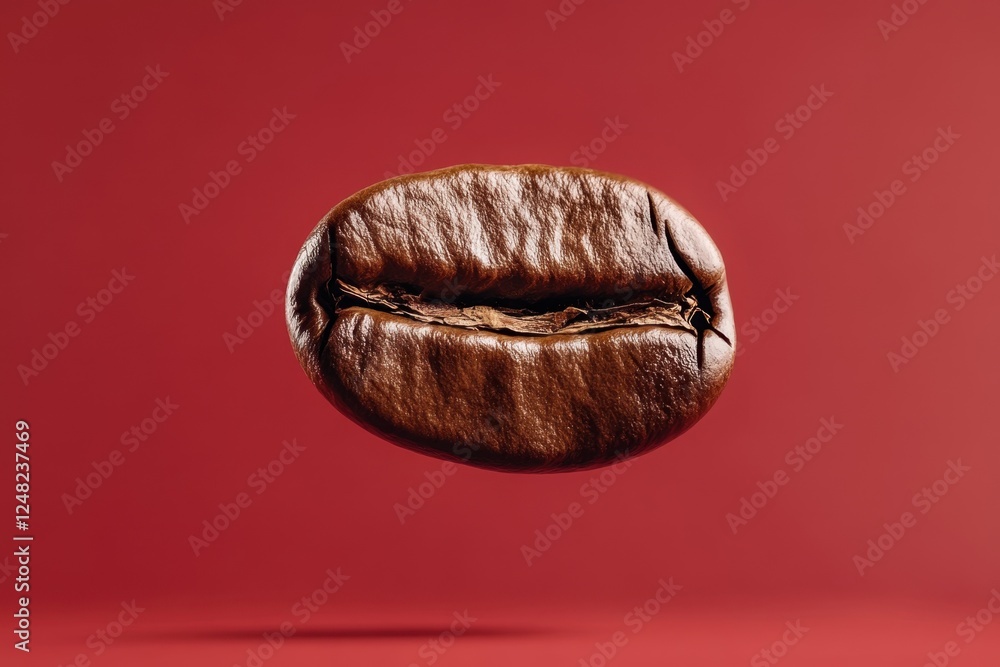 Single roasted coffee bean levitating against a red backdrop Single roasted coffee bean levitating against a red backdrop