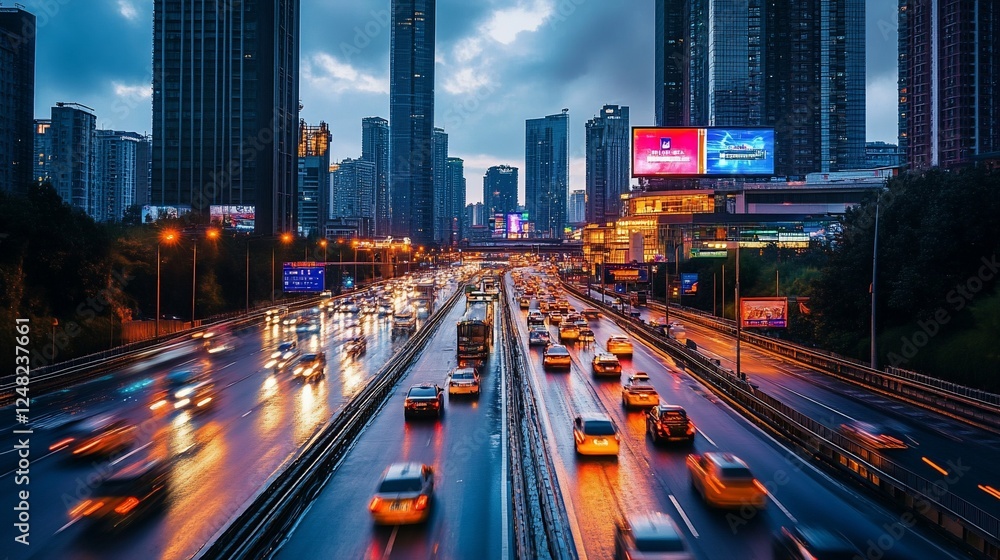 Urban Evening Traffic on a Multi-Lane Highway with City Skyscrapers in Background Urban Evening Traffic on a Multi-Lane Highway with City Skyscrapers in Background
