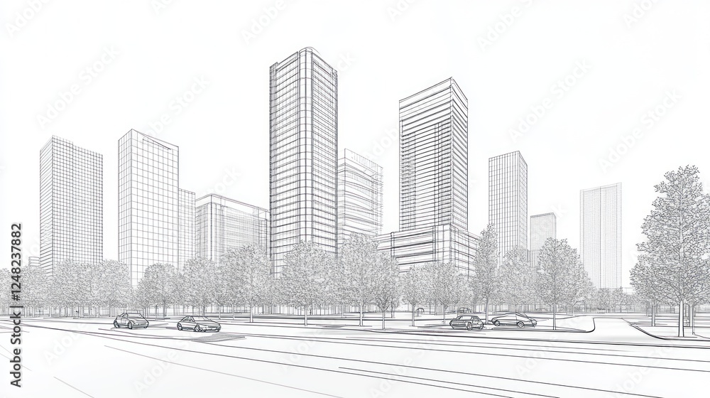 Fototapeta premium Cityscape Sketch Urban Design, Road, Trees