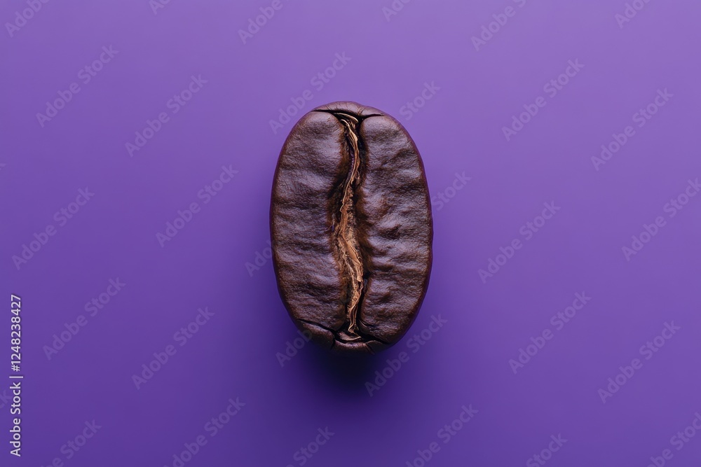 A single roasted coffee bean sits on a purple background A single roasted coffee bean sits on a purple background