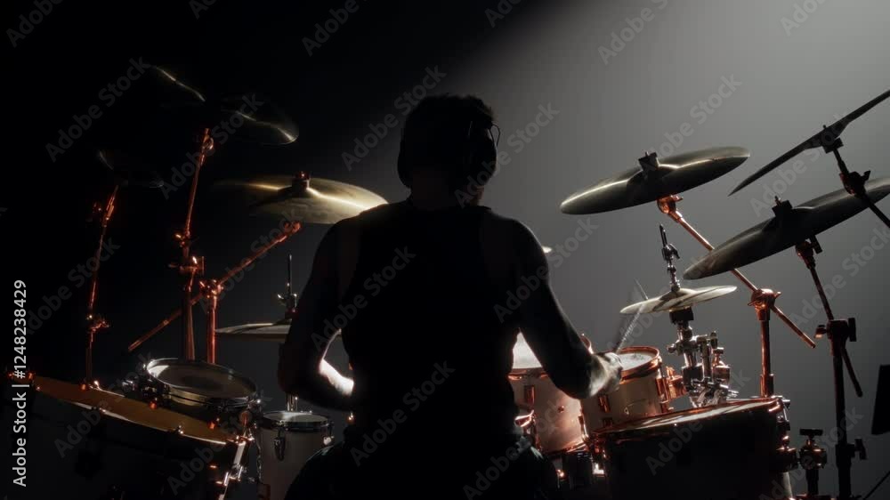 Cinematic shot with silhouette of professional rock musician playing drum kit. Back view of young adult brawny man sitting alone in rehearsal room and rehearsing, backlit silhouette in darkness