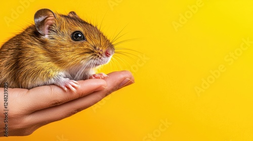 Hand holding a cute hamster vibrant yellow background animal photography indoor setting close-up view pet concept photo