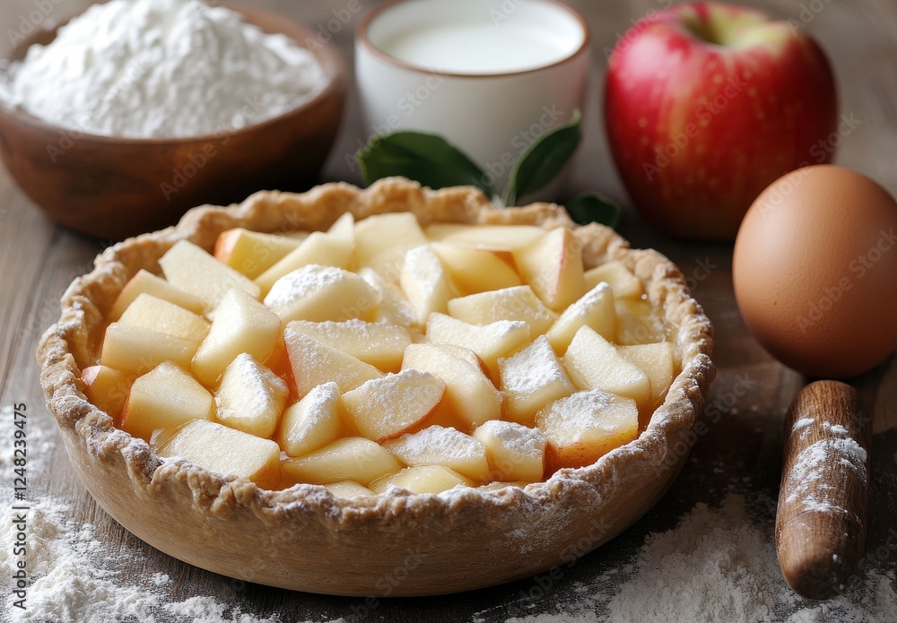 Freshly prepared apple pie with sliced apples, flour, milk, egg, and red apple on rustic wooden table ready for baking and delicious homemade dessert Freshly prepared apple pie with sliced apples, flour, milk, egg, and red apple on rustic wooden table ready for baking and delicious homemade dessert