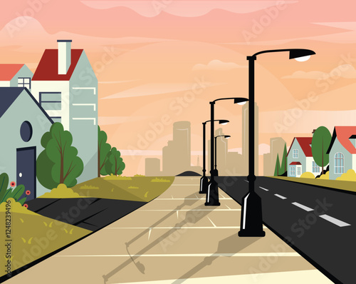 street in afternoon light with vibrant buildings and power lines. vector illustrations.