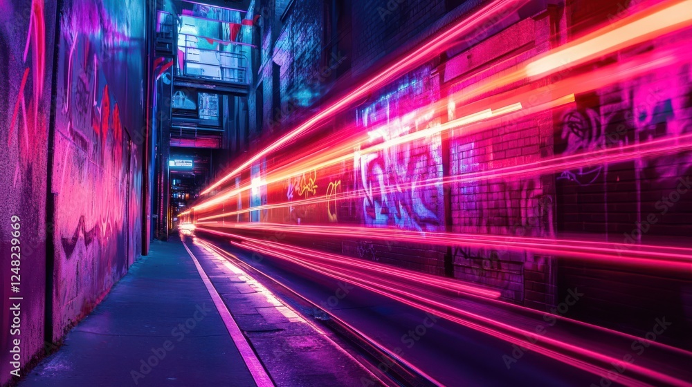 Fototapeta premium Neon lights streak alleyway, graffiti art background, urban speed, technology concept