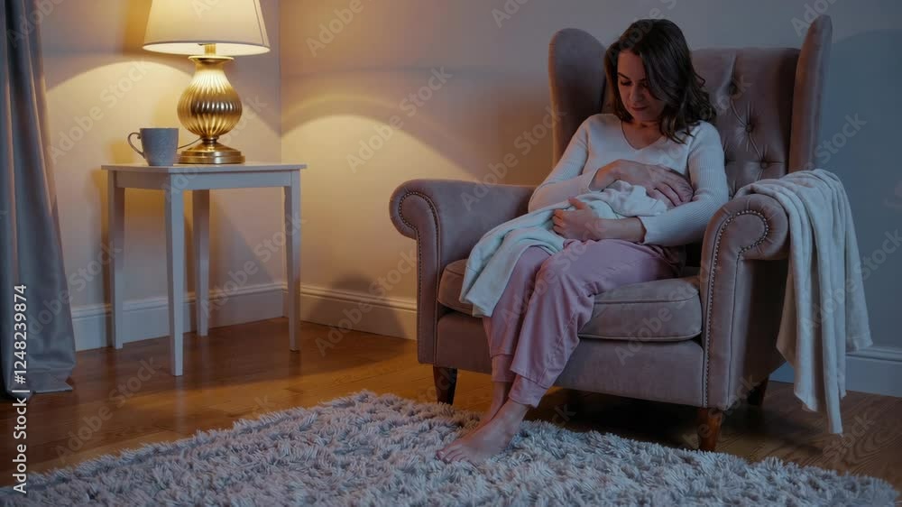 In a softly illuminated room, a mother sits comfortably in an armchair, tenderly cradling her newborn. The serene atmosphere evokes warmth and love during a peaceful evening. In a softly illuminated room, a mother sits comfortably in an armchair, tenderly cradling her newborn. The serene atmosphere evokes warmth and love during a peaceful evening.