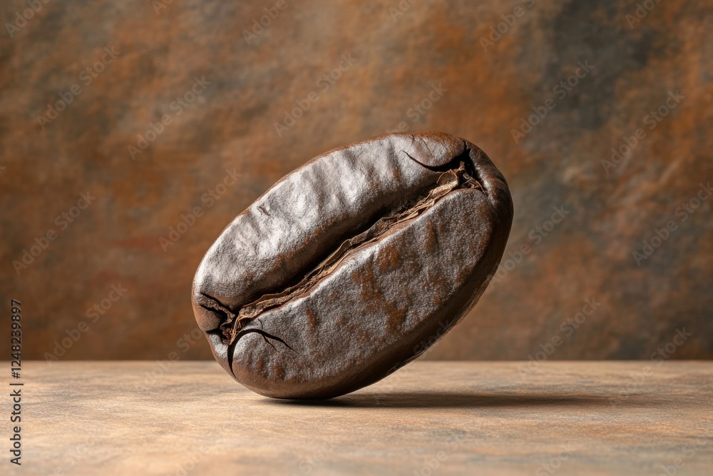 Single roasted coffee bean rests on a brown textured surface Single roasted coffee bean rests on a brown textured surface