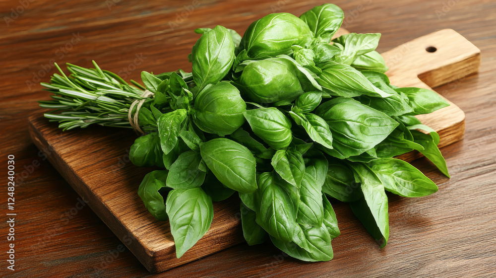 Fresh green herbs tied together on a wooden board, perfect for culinary adventures in a cozy kitchen Fresh green herbs tied together on a wooden board, perfect for culinary adventures in a cozy kitchen