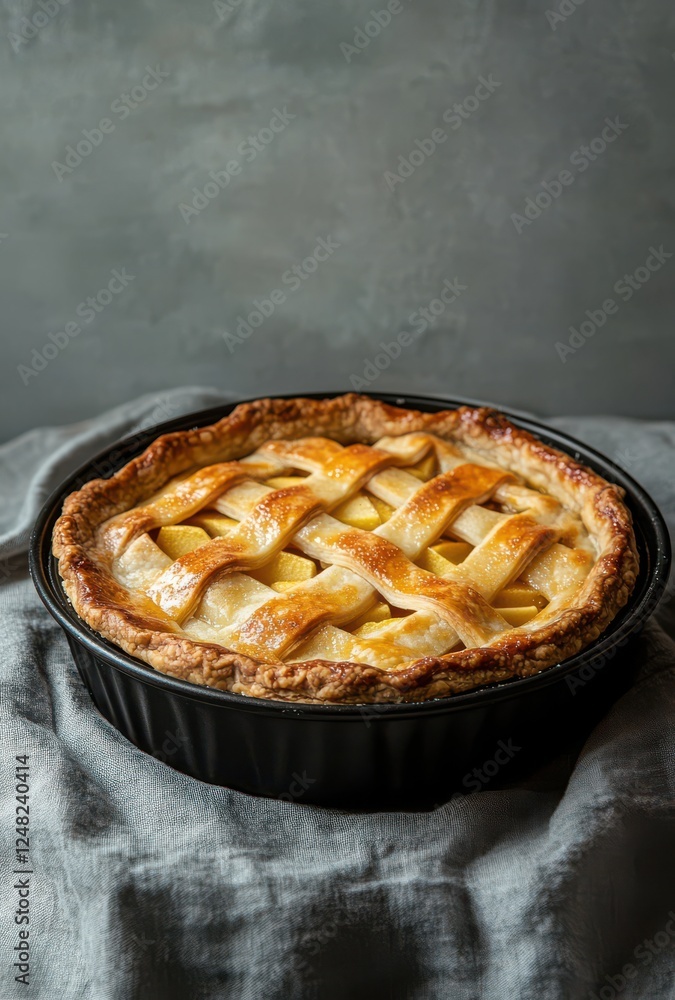 Golden Apple Pie with Lattice Crust on Gray Background, Freshly Baked Dessert, Traditional Recipe, Homemade Treat, Bakery Style Presentation Golden Apple Pie with Lattice Crust on Gray Background, Freshly Baked Dessert, Traditional Recipe, Homemade Treat, Bakery Style Presentation