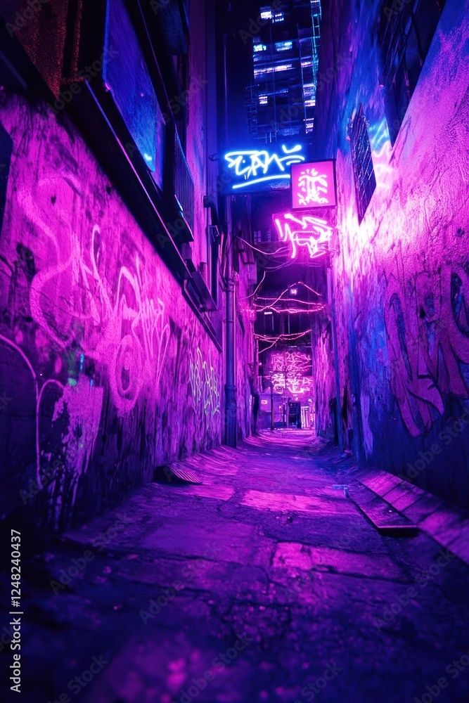Neon-lit alleyway at night, graffiti walls, city backdrop; urban nightlife scene Neon-lit alleyway at night, graffiti walls, city backdrop; urban nightlife scene