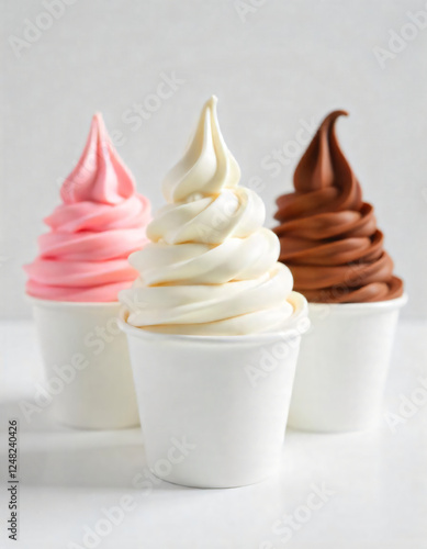 Mockup Strawberry frozen yogurt or soft ice cream, vanilla and chocolate frozen yogurt or soft ice cream in blank paper cup packaging template mockup collection with isolated background
