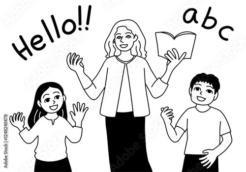子供の英会話教室のモノクロのベクターイラストレーション