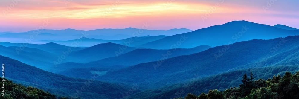 Fototapeta premium Serene Sunset Over Rolling Hills and Blue Mountains with Soft Pastel Skies, Peaceful Landscape of Nature at Dusk, Tranquil Aesthetic for Relaxation