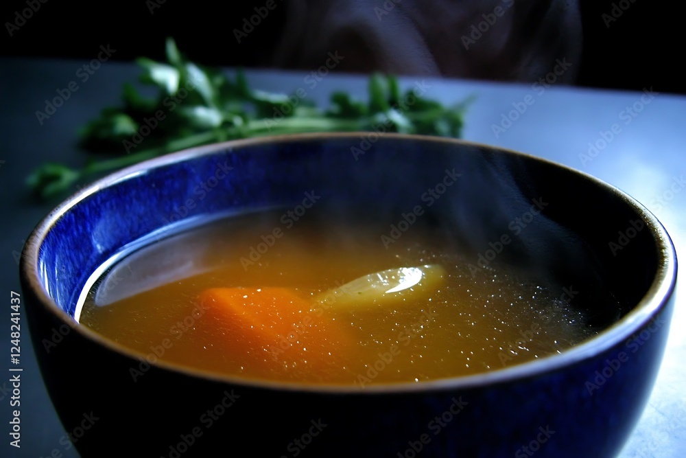 Hearty Vegetable Soup in a Blue Bowl Hearty Vegetable Soup in a Blue Bowl
