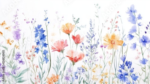 Beautiful seamless floral water color pattern Set, watercolor wild flowers, leaves and grass,Collection botanic garden elements, isolated illustration in rustic or vintage style,copy space.
