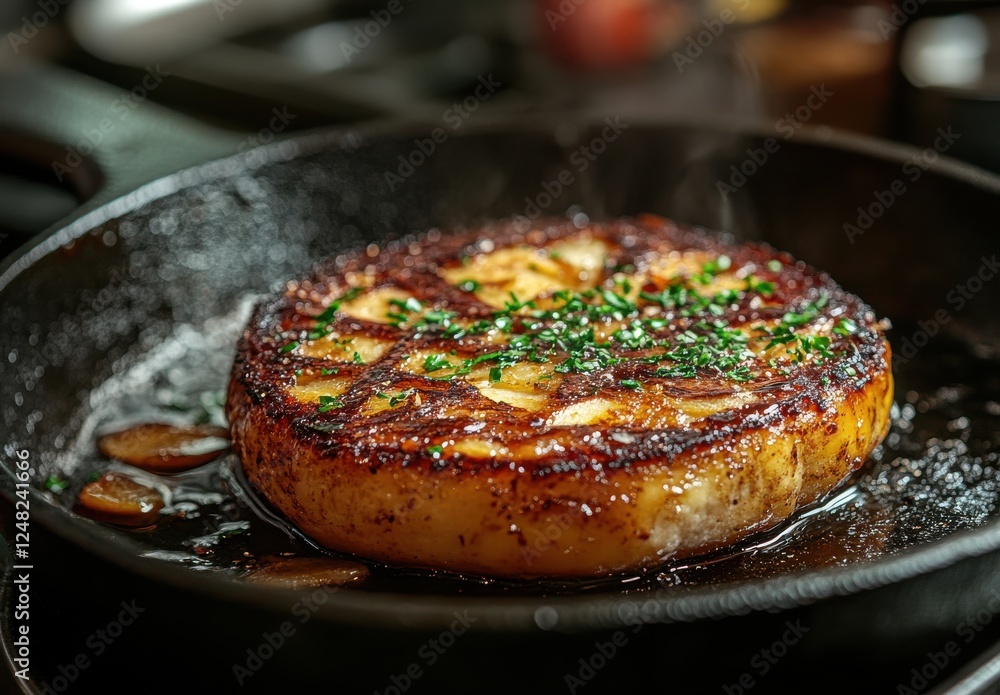 Golden-brown crispy fried potato dish garnished with fresh herbs steaming in a black cast iron skillet on a rustic kitchen countertop Golden-brown crispy fried potato dish garnished with fresh herbs steaming in a black cast iron skillet on a rustic kitchen countertop