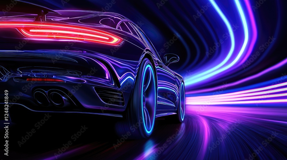 Dynamic car motion futuristic cityscape digital art night environment low angle speed and technology concept Dynamic car motion futuristic cityscape digital art night environment low angle speed and technology concept