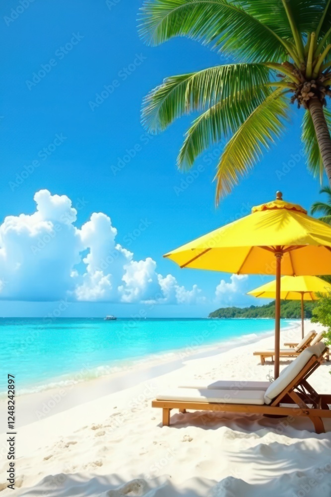 Tropical beach scene with clear blue water and yellow sun umbrella, blue, holiday, golden Tropical beach scene with clear blue water and yellow sun umbrella, blue, holiday, golden