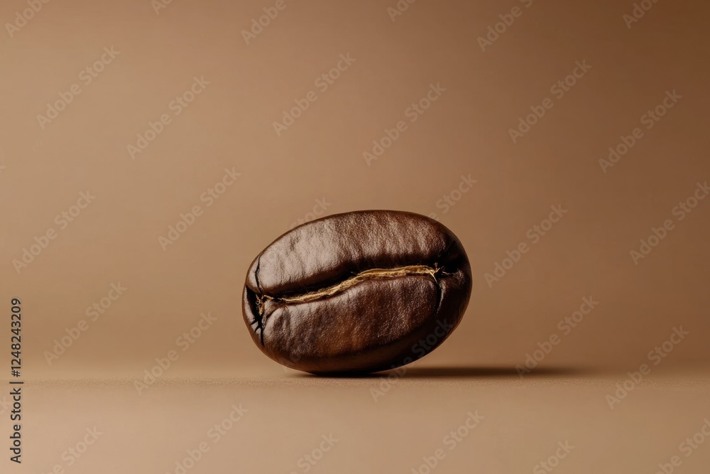 Single roasted coffee bean on brown background closeup shot