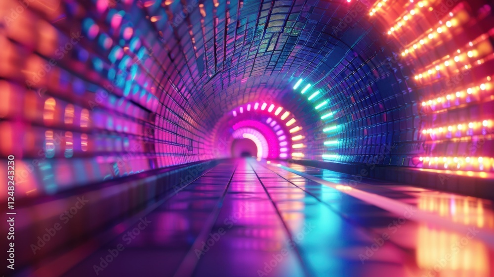 3D render of a futuristic tunnel with vibrant neon lights, creating a mesmerizing pathway of colors