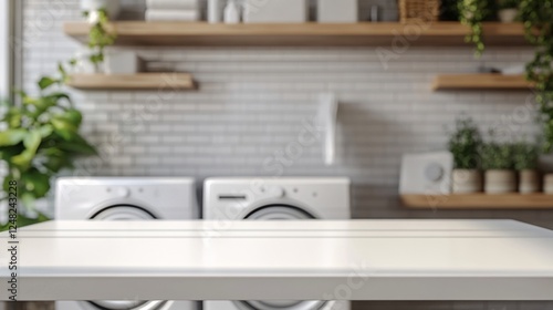 Empty white table in front of a softly blurred laundry room background; ideal for clean, organized, and functional design visuals.